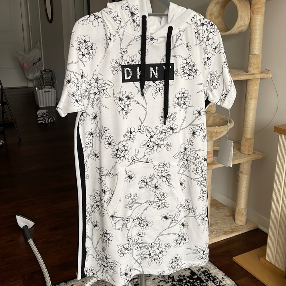 DKNY white sweater dress with rose print in black size large